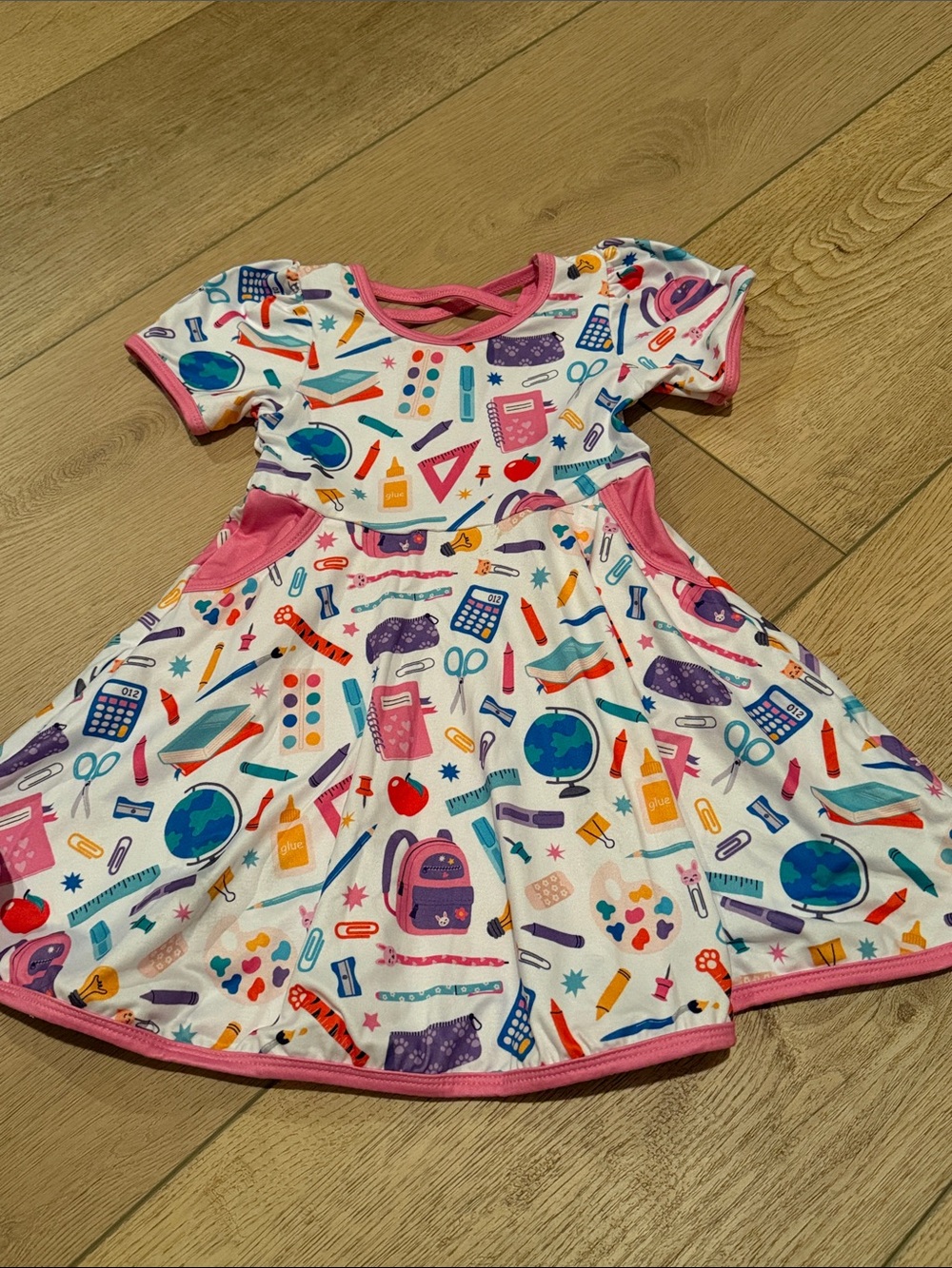 Girls' Pink Trim School Supplies Print Twirl Dress